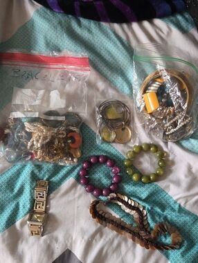 Purple and Green Beaded Stretch Bracelets - Unbranded Set